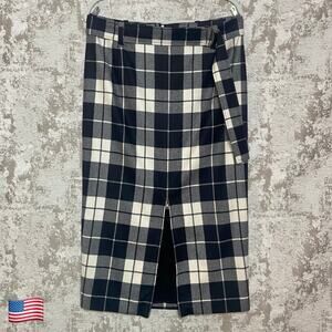 Max Mara Virgin Wool Check Belted Midi Skirt with Zip Detail in Black/White